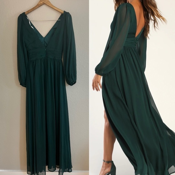 NWOT Enchant My Love Emerald Green V-Neck Long Sleeve Maxi Dress - Picture 3 of 7